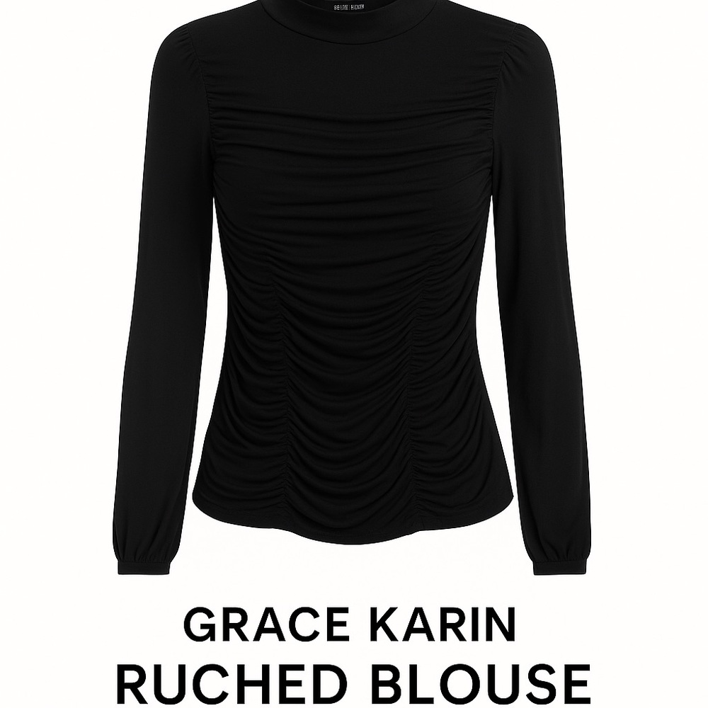 Grace Karin Black Ruched Blouse L Long Sleeve